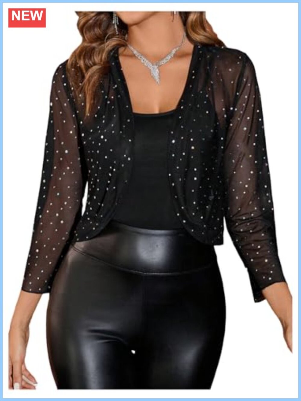Sheer Mesh Sequin Crop Shrug Bolero Cardigan 3/4 Sleeve Open Front
